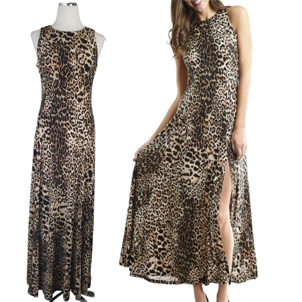 Joseph Ribkoff Brown Animal Print Dress Size 10 Maxi Drop Waist Gown